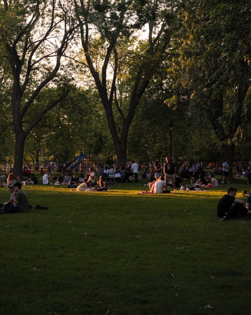 a group of people sitting on the grass